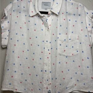 Rails Soft Breathable Linen Blend White Top with Red and Blue Stars, Tie Front